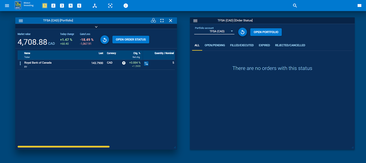 Trading dashboard illustration showing portfolio, order status and watchlist widgets.